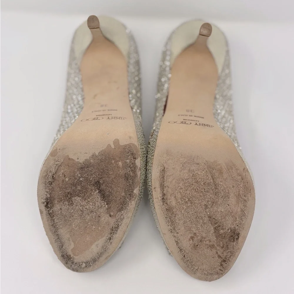 Jimmy Choo Crown Glitter Fabric Champagne Peep Toe Pumps Heels Size 38 - Picture 7 of 12